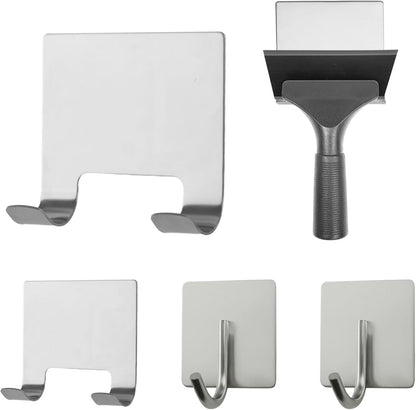 MOROBOR 4 Pcs Shower Squeegee Adhesive Hook, All-Purpose Scraper Holders Towel Hooks Stainless Steel Waterproof Storage Hook Bath Accessories for Kitchen & Bathroom（Silver）
