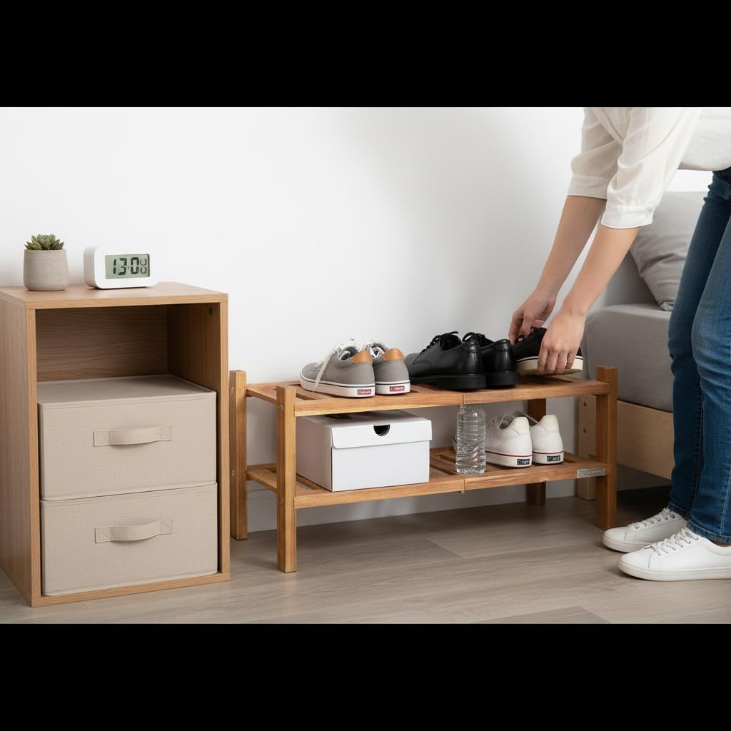 2-Tier Acacia Wood Stackable Shoe Rack - Brush Teak