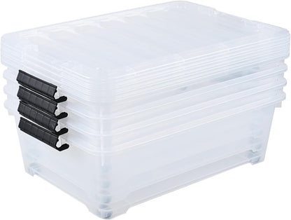 4-Pack 20 Quart Clear Under Bed Plastic Storage Bins with Wheels | Under Bed Storage Box, Locking Latch Lid, Easy-Glide Wheels, for Bedroom, Bathroom, Garage, and Office Organization