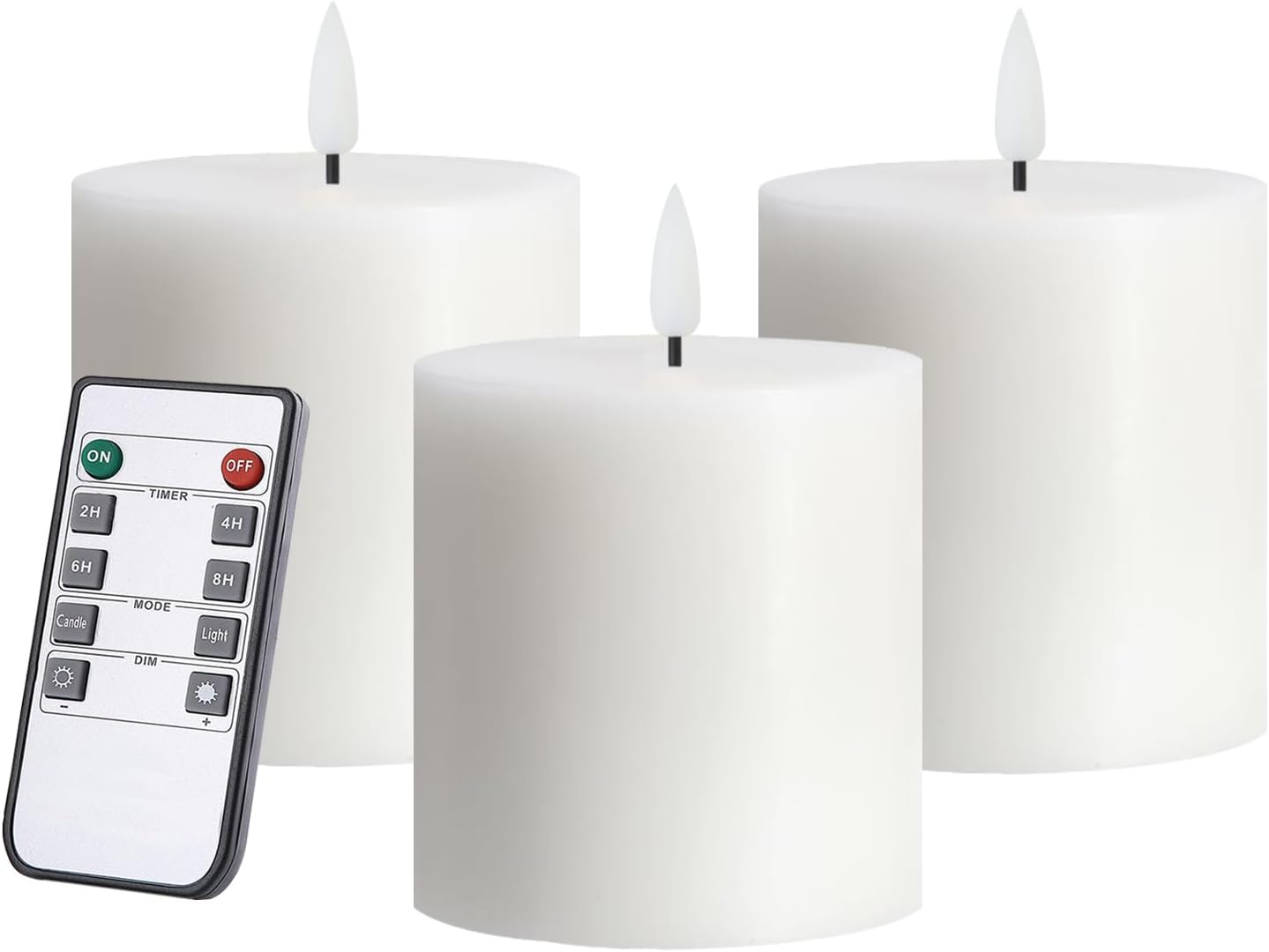 volnyus Flameless Candles Set of 3 (3x3 inch) Flickering LED Real Wax Candles Battery Operated with Remote Control Timers for Fireplace Bedroom Livingroom Party Dimmable Ivory Pillars Flat top