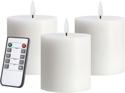 volnyus Flameless Candles Set of 3 (3x3 inch) Flickering LED Real Wax Candles Battery Operated with Remote Control Timers for Fireplace Bedroom Livingroom Party Dimmable Ivory Pillars Flat top