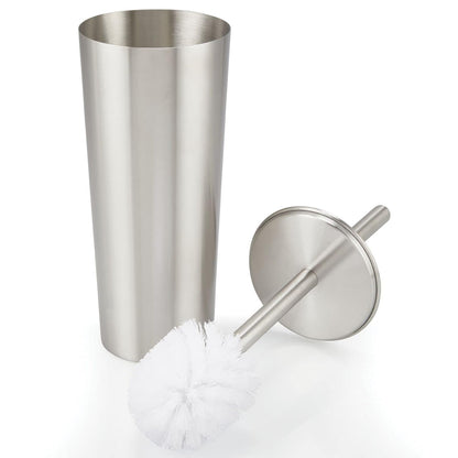 mDesign Metal Freestanding Slim Toilet Bowl Brush and Holder + Rectangle Narrow 5 Liter / 1.3 Gallon Step Pedal Trash Can Wastebasket for Bathroom - Small, Compact Design - Set of 2 - Brushed/Chrome