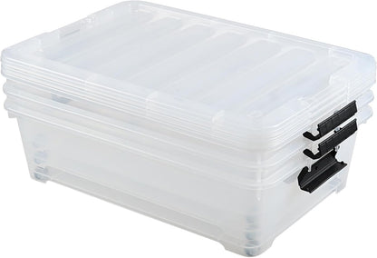 Gloreen 3 Pack Large Under Bed Storage Boxes with Wheels, 50 Quart Clear Plastic Lidded Storage Bins