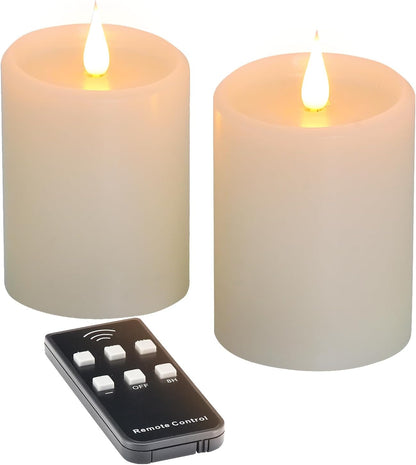Flickering Flameless Candles with 3D Moving Flame, Real Wax Battery Operated Candles with Timer and Remote, Last 600+ Hours, 3" x 3" LED Fake Candles for Home Wedding Christmas Decor, 2 Pack