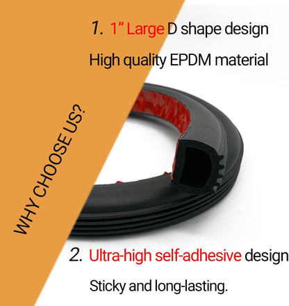 D Shape Foam Rubber Seal Strip, 1" Self-Adhesive EPDM Rubber Weather Stripping Gasket for Automotive, Boat, RV Slide Out Seal, Marine, Garage Doors/Window and More, 13.1Ft