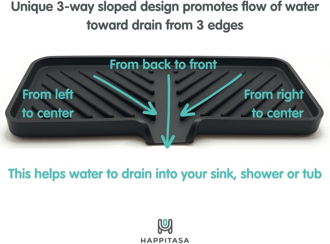 Silicone Soap Dish Tray and Sponge Holder with Drain Chute and Feet | 3-Way Sloped Design | Bathroom and Kitchen Sink Organizer Caddy (Black, 10"x4", 7.8 Ounces)