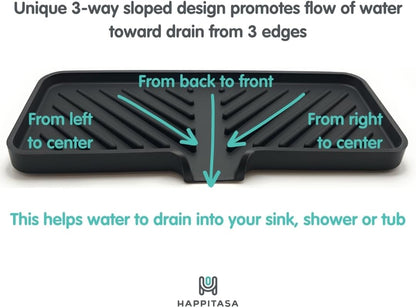 Silicone Soap Dish Tray and Sponge Holder with Drain Chute and Feet | 3-Way Sloped Design | Bathroom and Kitchen Sink Organizer Caddy (Black, 10"x4", 7.8 Ounces)