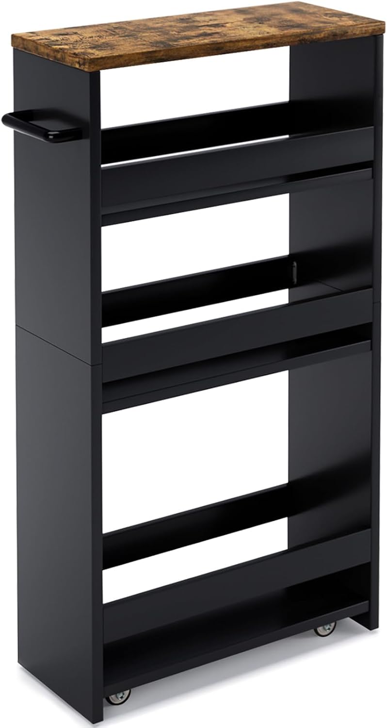 MARTY Slim Rolling Storage Cart 4-Tier Kitchen Cart with Wheels, Laundry Room Storage with Handle Slide Out Utility Cart Shelving Unit Organizer Trolley for Narrow Places Bathroom Small Corner, Black