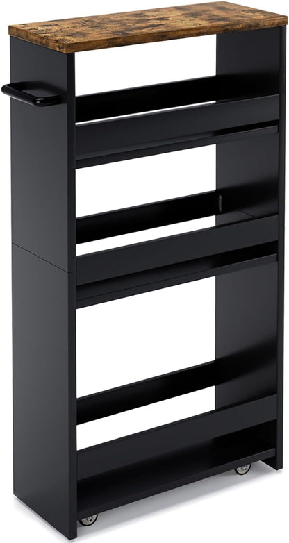 MARTY Slim Rolling Storage Cart 4-Tier Kitchen Cart with Wheels, Laundry Room Storage with Handle Slide Out Utility Cart Shelving Unit Organizer Trolley for Narrow Places Bathroom Small Corner, Black