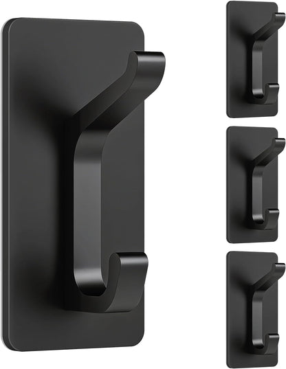 STWWO Adhesive Wall Coat Hooks, Black Heavy Duty Hooks for Hanging, Towel Hooks for Walls No Damage, 4 Pack