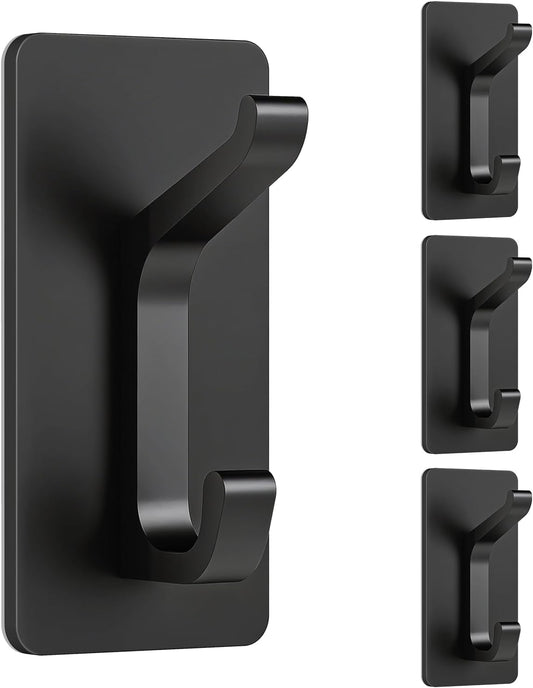 STWWO Adhesive Wall Coat Hooks, Black Heavy Duty Hooks for Hanging, Towel Hooks for Walls No Damage, 4 Pack