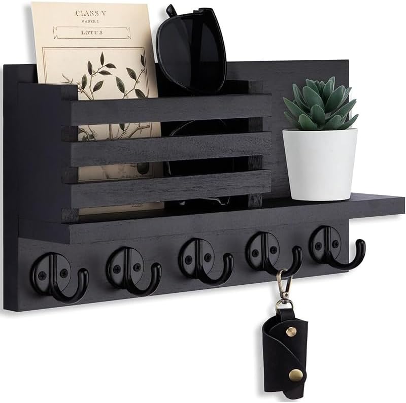 Wall Key Hook, Mail Organizer with 5 Metal Key Hooks, Decorative Key Rack Wall Mount, Tung Wood, 11.8 x 6.7 inches, Includes mounting Hardware (Brown)