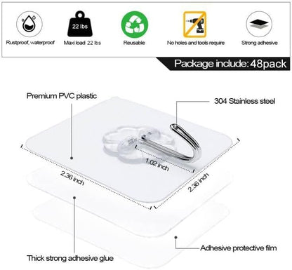 D Global Clear Adhesive Wall Hooks, Heavy Duty Self Adhesive, Waterproof & Removable, No Damage for Bathroom Kitchen Outdoor Use (12 Separable Large Hook)