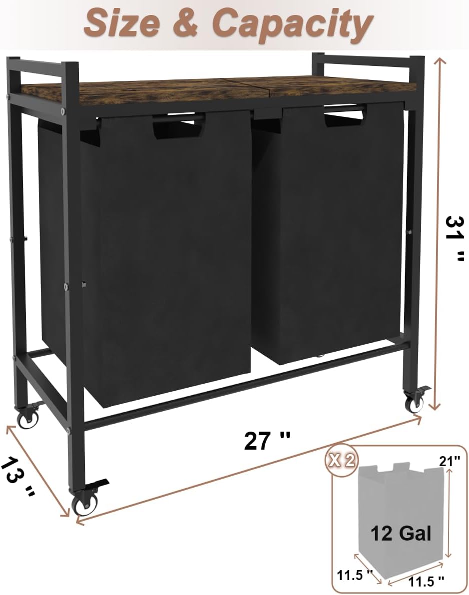 10 x 3 Gal Large Laundry Hamper with 3 Pull-Out & Removable Sorter Bags, Freestanding Clothes Basket Organizer for Clothing or Toys in Bathroom and Living Room, Rustic Brown and Black