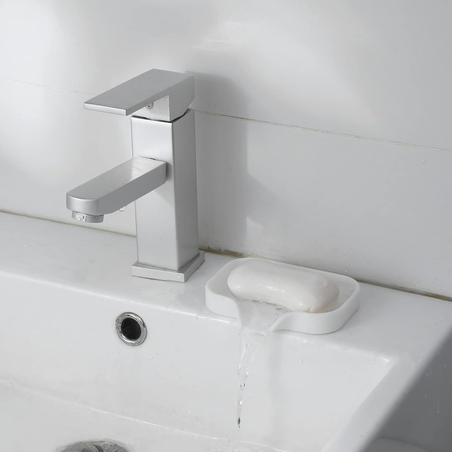 MicoYang Silicone Soap Dish with Drain Spout, Self-Draining Sink Organizer Tray for Bathroom and Kitchen, Sponges, Dispensers and Soap Holder, Non-Slip and Dishwasher Safe, White (Compact, 4.9"×3.2")