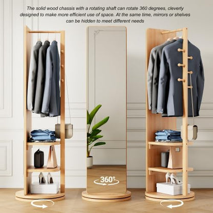 Full Length Mirror with Coat Rack & Storage, 360° Rotating Solid Wood Standing Floor Mirror with Shelves for Bedroom, Entryway, Dressing Room (Natural Wood, 66" x 18")