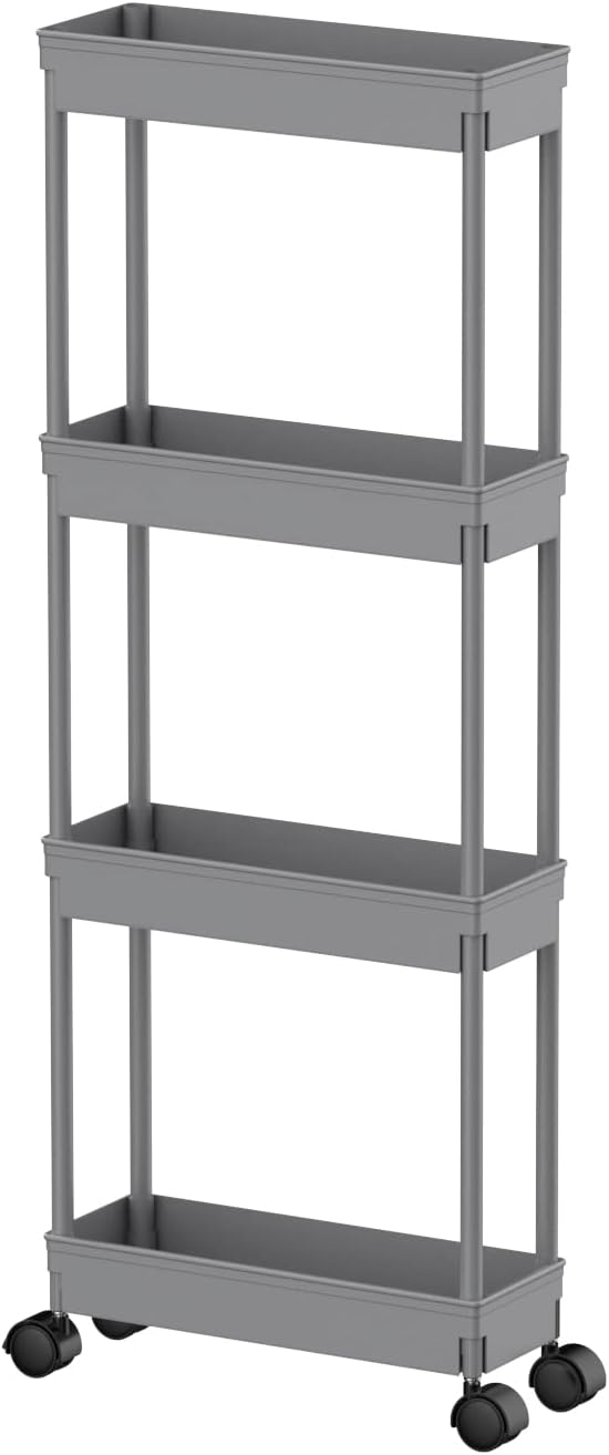 Sooyee 3 Tier Rolling Cart with Wheels, Slim Storage Cart, Under Desk Narrow Rolling Utility Cart Storage Organizer for Office Bathroom Kitchen Laundry Room Narrow Places, White, Plastic and Metal