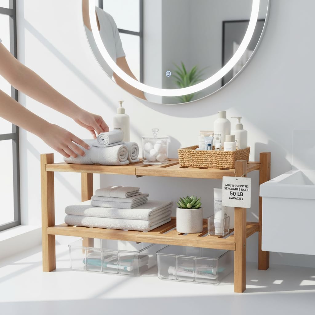 2-Tier Acacia Wood Stackable Shoe Rack - Brush Teak