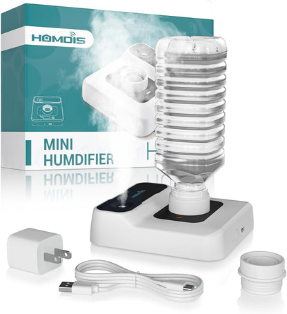 Travel Humidifier, Portable Small Humidifier for Plants, Bedroom, Office, Hotel or Car, Battery Operated Mini Cool Mist Humidifiers, Quiet 23dB, Auto-off, Night Light & BPA-Free, White