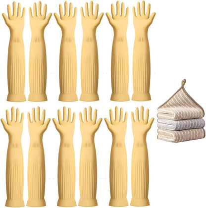 3-Pair 17.8-Inch Elbow-Length Reusable Rubber Waterproof Household Cleaning and Kitchen Dishwashing Gloves - Medium Size