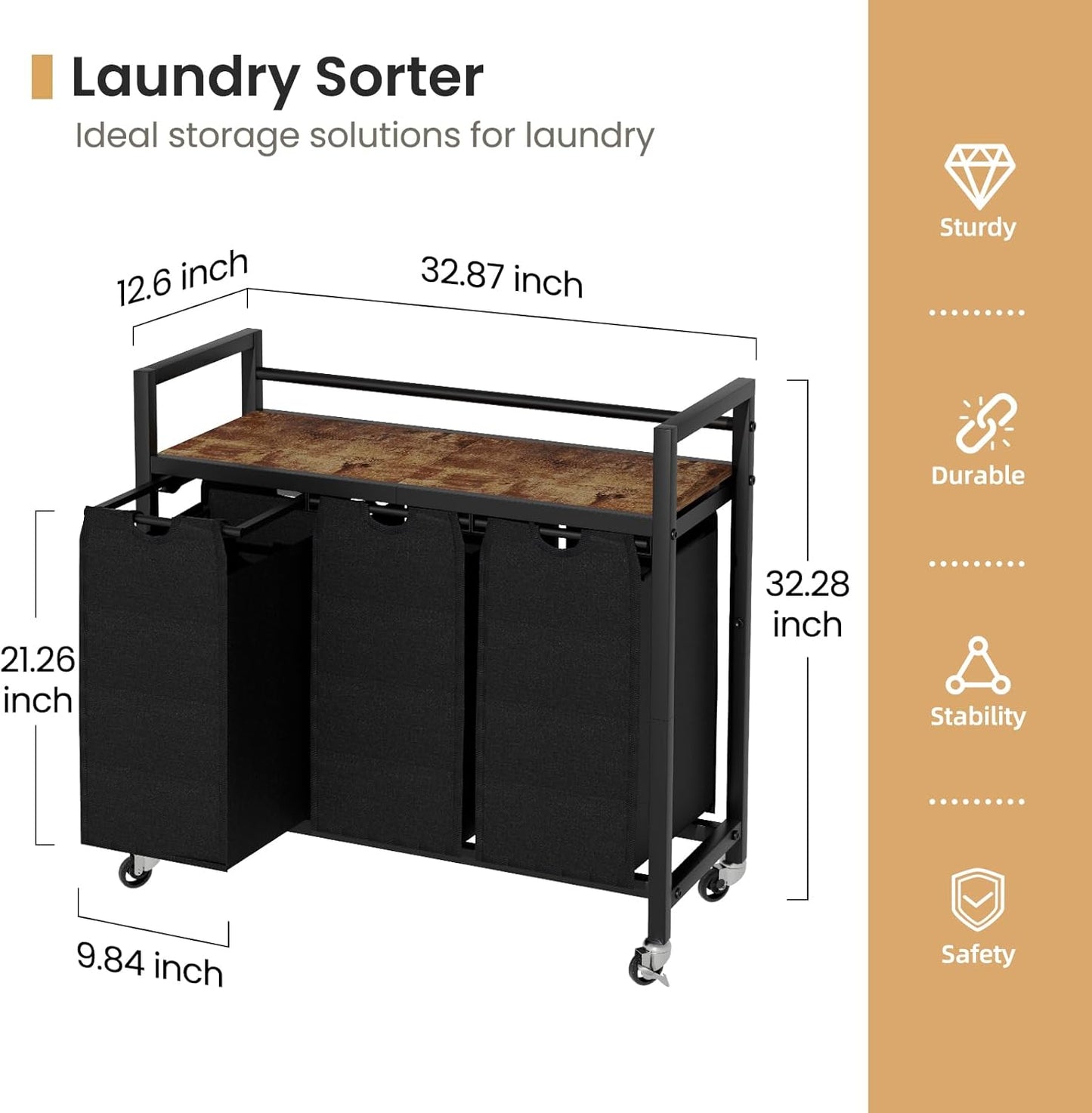 SwaaVee Laundry Sorter, Laundry Hamper 3 Section, 3×11.4Gal, Metal Frame Rolling Laundry Basket with Wooden Top Shelf, Pull out and Removable Laundry Bags, 3 Bags-Gray