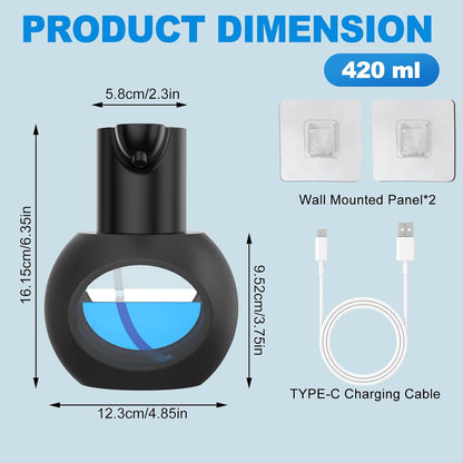 Automatic Foam Hand Soap Dispenser, Rechargeable Touchless Wall Mount Foaming Soap Dispenser, 15oz/420ml, 4 Adjustable Levels Infrared Sensor Electric Dispenser for Bathroom, Kitchen, Office - Black