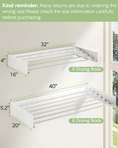 Vikaqi Wall Mounted Clothes Drying Rack 32", Foldable Wall Mount Laundry Rack Folding Indoor, Drying Rack Clothing Collapsible, Hidden Space Saver with Wall Template, 5 Rods, White