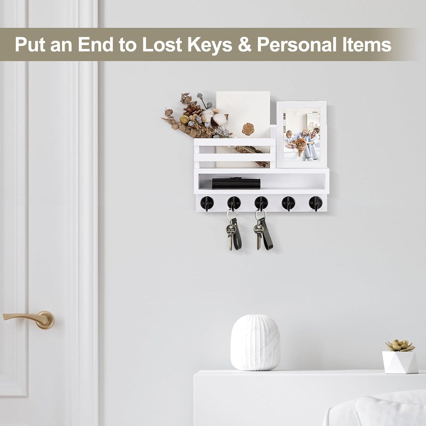 Key and Mail Holder Wall Mount, Key Hanger with Long Storage Box and 5 Hooks for Coat, Dog Leash, Home Decor Rack, House Accessories, Entry Way Organizer 11.8”W x 7.8”H x 3.2”D