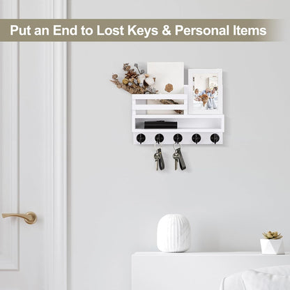 Key and Mail Holder Wall Mount, Key Hanger with Long Storage Box and 5 Hooks for Coat, Dog Leash, Home Decor Rack, House Accessories, Entry Way Organizer 11.8”W x 7.8”H x 3.2”D