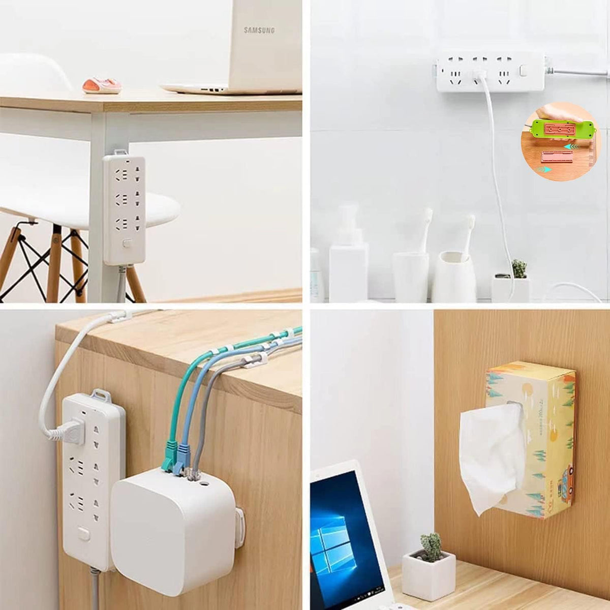 12PCS Power Strip Holder, Adhesive Punch-Free Socket Holder, Self Adhesive Socket Desktop Fixer, Cable Management Punch Free Surge Protector, Desktop Mobile Socket Holder Wall Mount and 8 Cable Clips