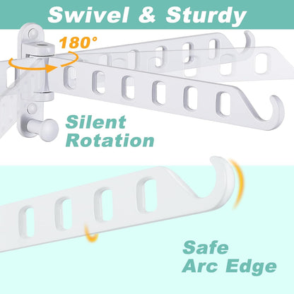 Wall Mounted Clothes Hanger with Swing Arm - 8-Hole Laundry Room Drying Rack | 180° Rotation & Space Saving for Hanging Clothes | Swing Away Coat Hanger | Aluminium(2-Pack, White)