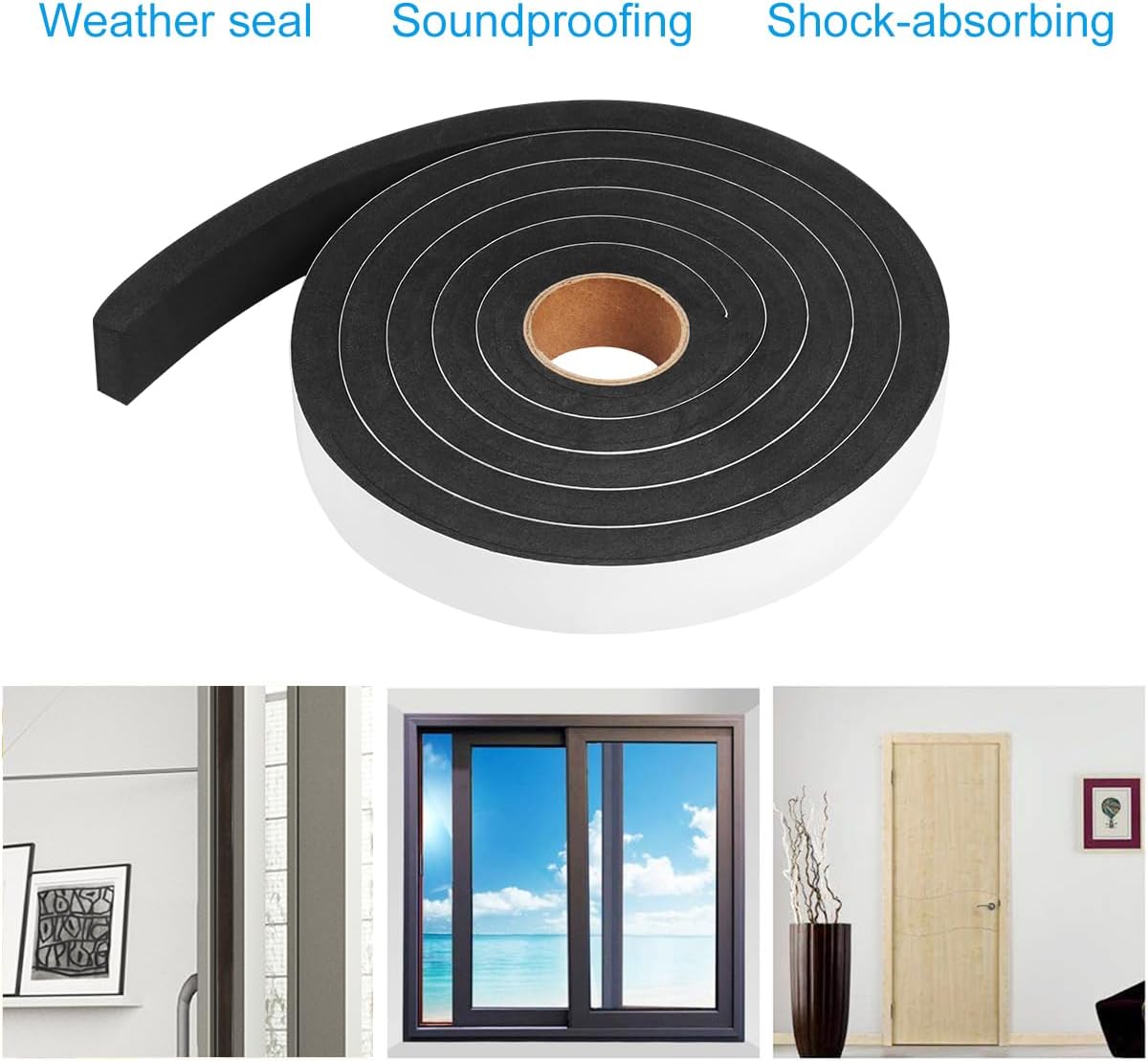 Seal Foam Tape,1/2 Inch W x 1/8 Inch T Weather Stripping for Door and Window,High Density Single Sided Closed Cell Door Insulation Weather Strip, 3 Rolls Total 50FT Black