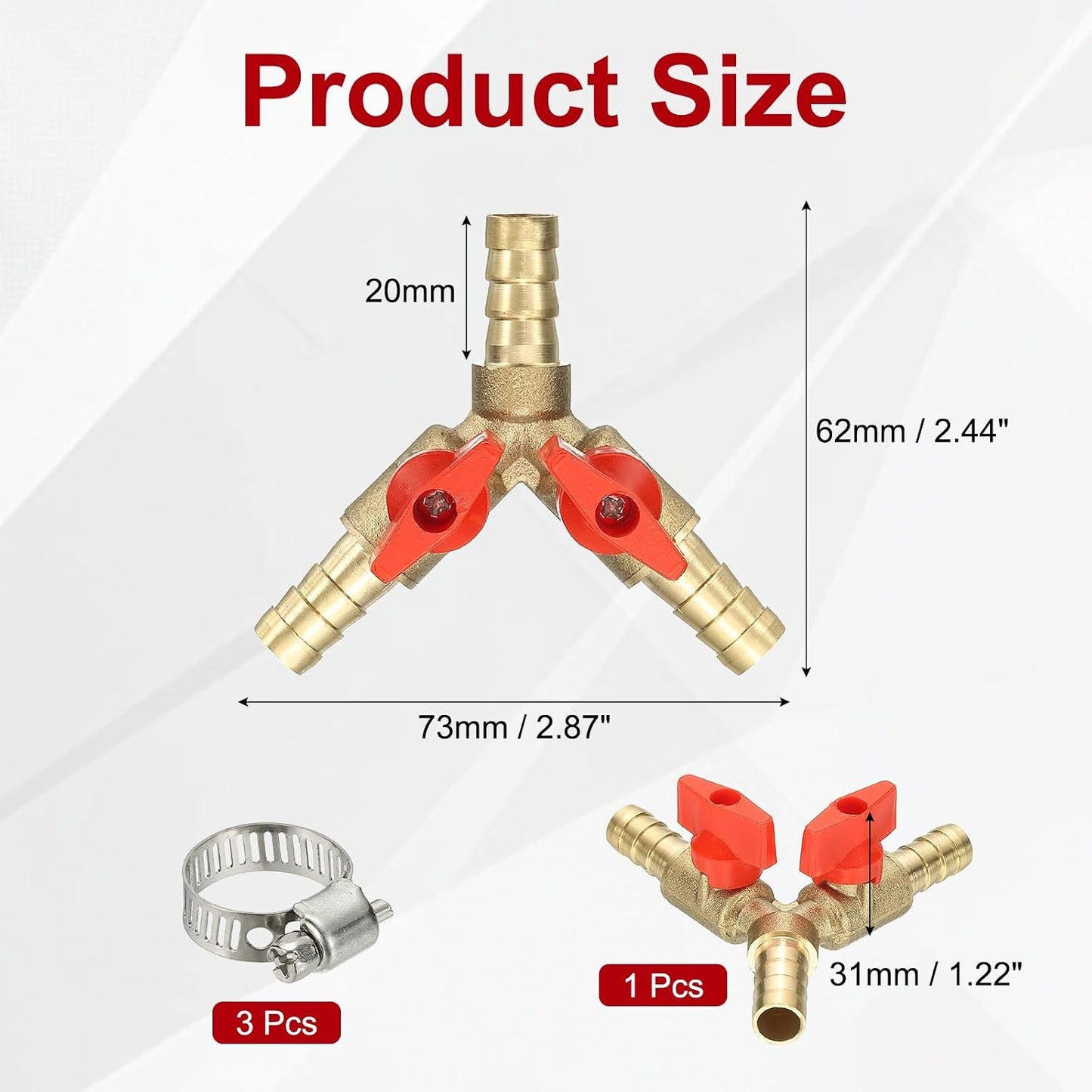 PATIKIL 3 Way Shut Off Ball Valve, 1/4" Y Shaped 3 Way Brass Garden Hose Barb Splitter Line Sprayer Parts Coolant Hose Valve Fitting with 2 Red Switch for Gas Fuel Oxygen, 1 Set