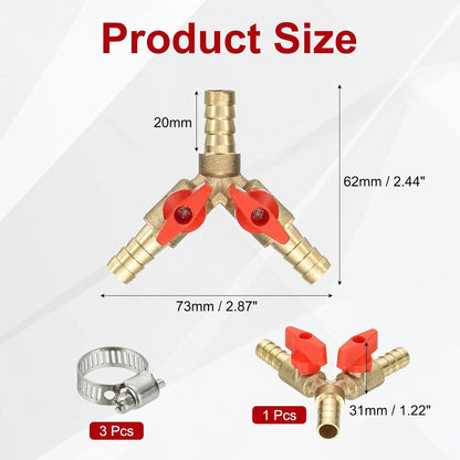 PATIKIL 3 Way Shut Off Ball Valve, 1/4" Y Shaped 3 Way Brass Garden Hose Barb Splitter Line Sprayer Parts Coolant Hose Valve Fitting with 2 Red Switch for Gas Fuel Oxygen, 1 Set