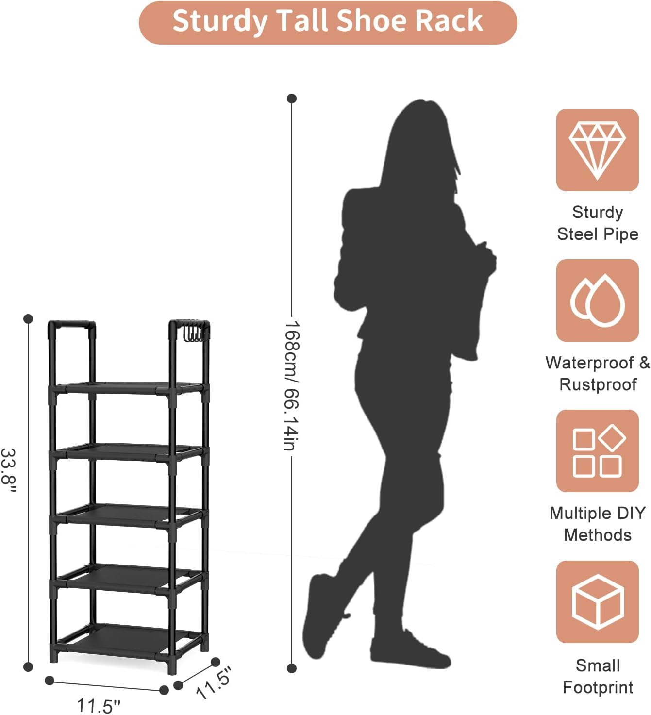 LANTEFUL Tall Narrow Shoe Rack for Entryway, 10-Tier Sturdy Metal Shoe Shelf Storage 10-15 Pairs of Shoes and Boots, Space Saving Corner Shoe Rack Organizer for Closet,Doorway,Garage,Living Room