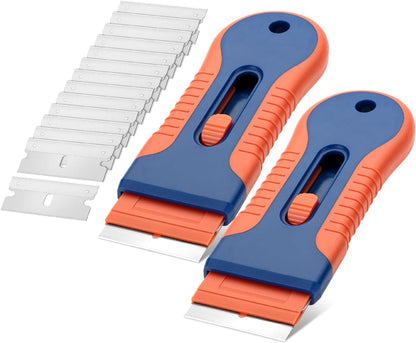 Bates- Razor Blade Scraper Tool, 2 Pack, 30 Extra Stainless Steel Blades, Anti-Slip Ergonomic Handle Design, Razor Scraper Set for Cleaning Window, Paint, Oven, Glass, Stove