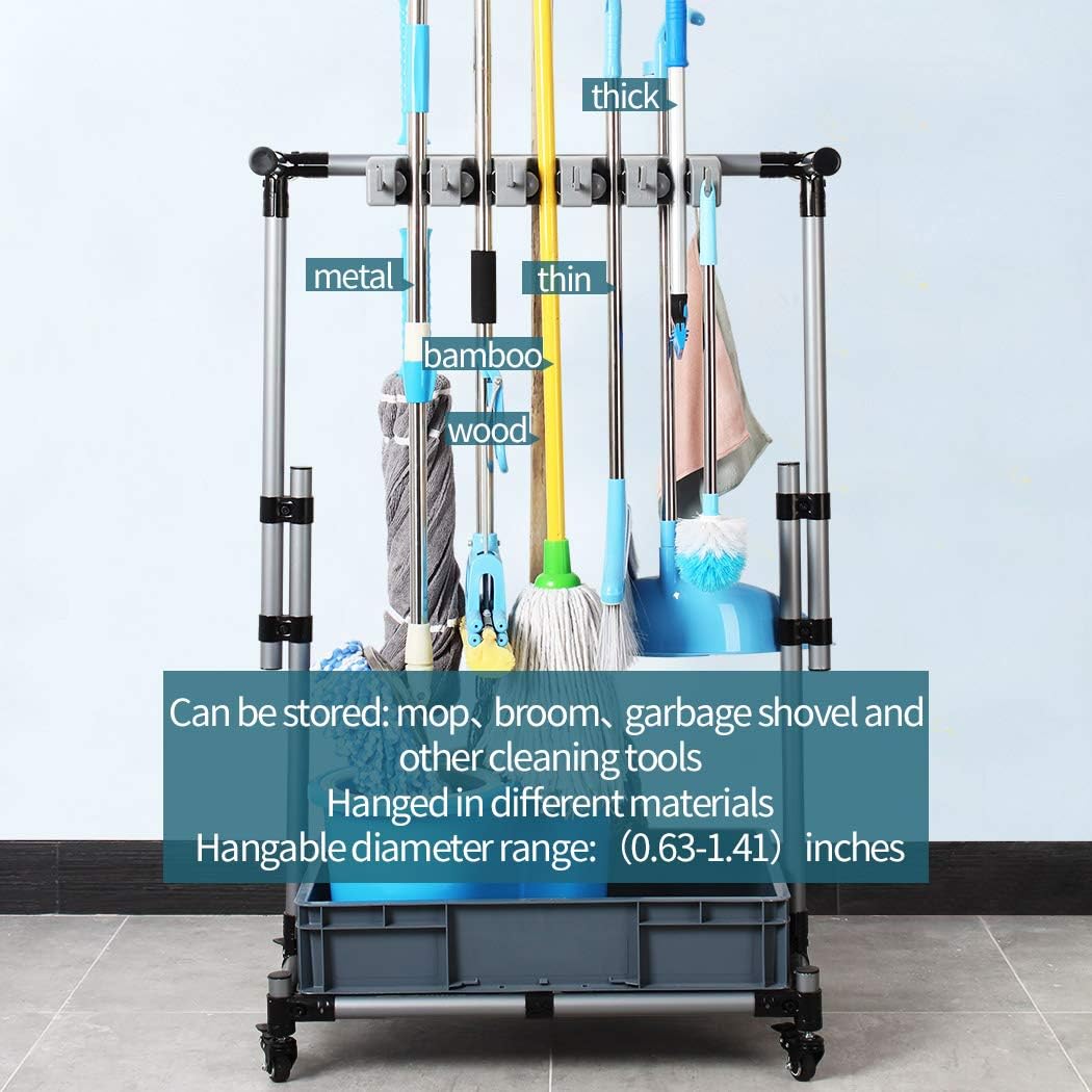 Broom And Mop Holder Put Wet Mops Movable Floor-Mounted Mop Rack Floor Standing Cleaning Tool Cart Storage For Garden Garage Schools, Hospitals, Factories, Hotels,Property Companies (12racks)