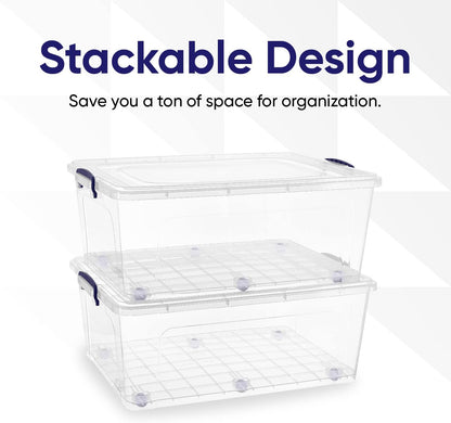 Superio Under Bed Storage Containers with Wheels (2 Pack), Flat Clear Storage Bin Stackable Large Storage Latch Box with Lids Store Cloths, Bedding, Linen, For Under The Bed, Garage, Home