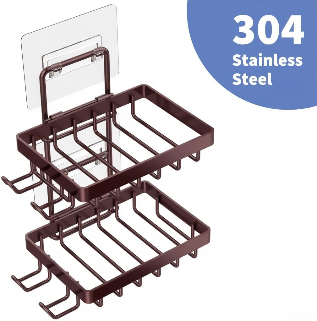 Moforoco Double Soap Bar Holder for Shower, No Drilling, 304 Stainless Steel, Wall Mounted Soap Holder with 4 Hooks and Razor Holder, Shower Rack Soap Tray Bar Soap for Bathroom Accessories Organizer