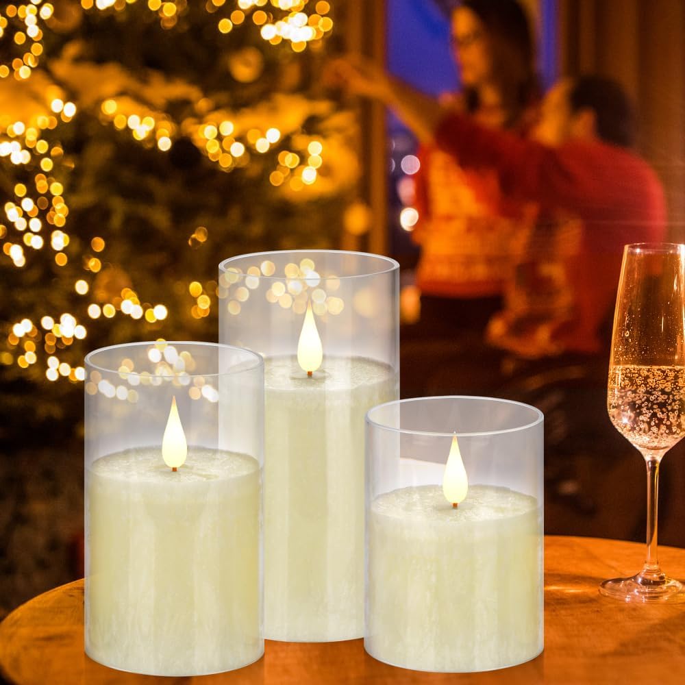 Flameless Flickering Battery Operated Candles D2.2''*H4 5" 6" 7" 8" 9" Set of 9 Ivory Real Wax Pillar LED Candles with 10-Key Remote and Cycling 24 Hours Timer (Ivory)