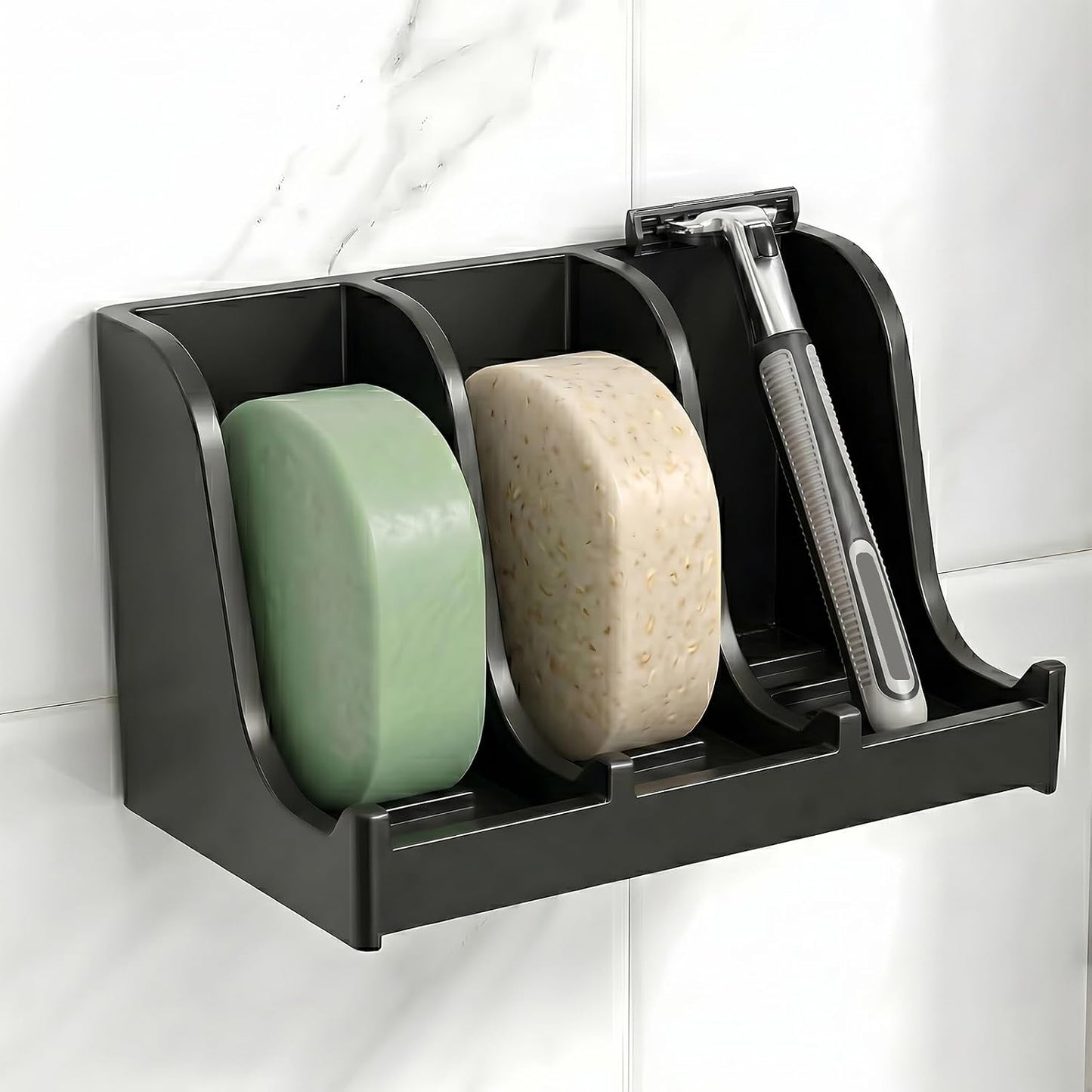Soap Holder for Shower Wall, 3-Compartment Soap Dish for Shampoo, Conditioner and Body Soap, Fast Draining & Rust-Proof & Heavy Duty, Ultra-Strong Adhesive for Long-Term Bathroom Use & Freestanding