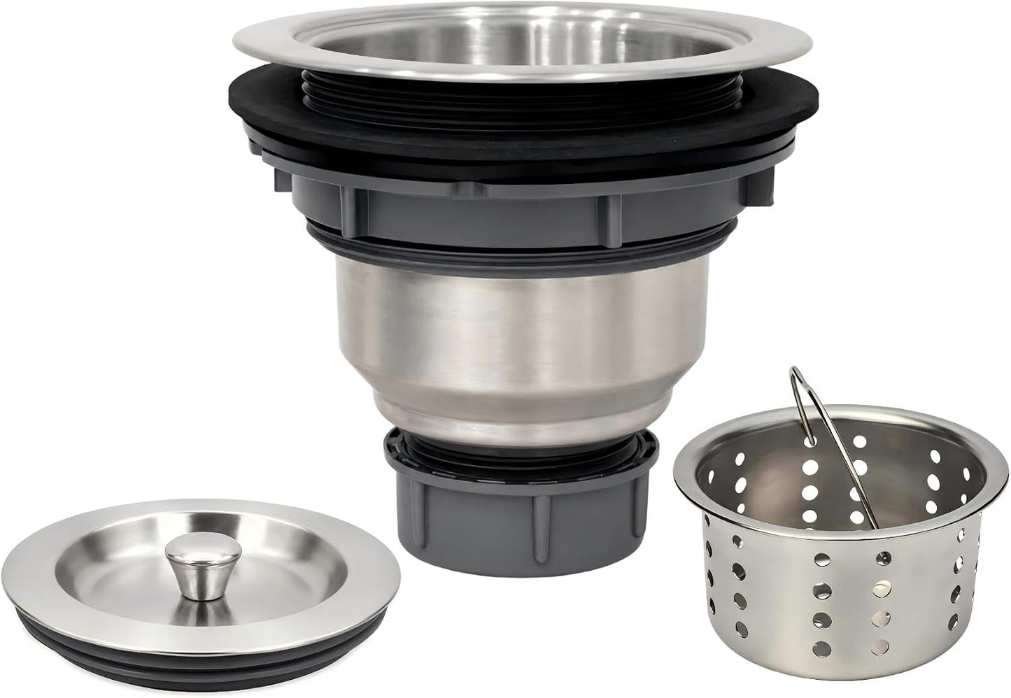 Kitchen Sink Drain Assembly Kit, 3-1/2 Inch Brushed 304 Stainless Steel Basket Strainer with Deep Removable Basket, Stopper & Cover Lid, Fits Standard Kitchen Sinks
