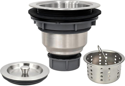 Kitchen Sink Drain Assembly Kit, 3-1/2 Inch Brushed 304 Stainless Steel Basket Strainer with Deep Removable Basket, Stopper & Cover Lid, Fits Standard Kitchen Sinks