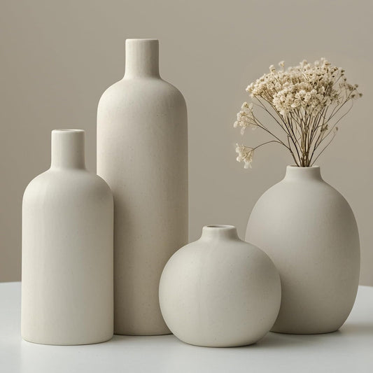 Modern Ceramic Vase Set, Neutral Colors, Decorative Vases for Home Shelf Decor, 4 Piece Collection, Happy Birthday Gifts for Women Mom Her Friend Sister Wife Grandma, Self Care Gift (Coffee Mix set 4)