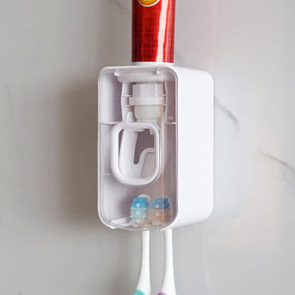 2 Slot Toothbrush Holder and Toothpaste Dispenser Wall Mounted, Automatic Toothpaste Squeezer, 2 in 1 Tooth Brush Toothpaste Organizer for Shower (Grey)