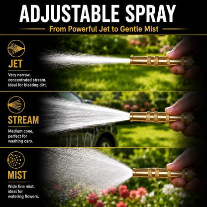 Morvat Solid Brass Metal Twist Garden Hose Nozzle, Heavy Duty Adjustable Pressure Spray Attachment, High Power Water Jet Sprayer with 4 Holes & ¾” Standard Threading, Includes 2 Extra Rubber Washers