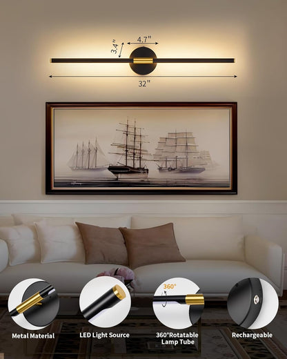 24 Inch Battery Operated Wall Sconce Set of 2, Dimmable Battery Sconces with Remote Control, 8000 mAh Rechargeable Sconces, 350° Rotate Modern LED Lights for Bedroom, Living Room, Black Gold