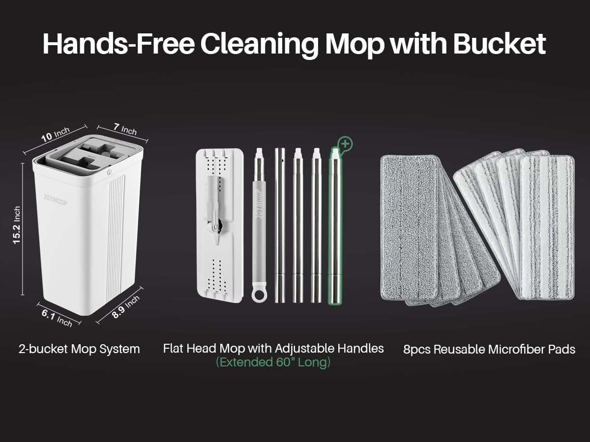 JOYMOOP Mop and Bucket Set, Flat Mops for Floor & Wall Cleaning, Commercial & Household Use, Hardwood Floor Mop with Long Handle & 4 Microfiber Pads