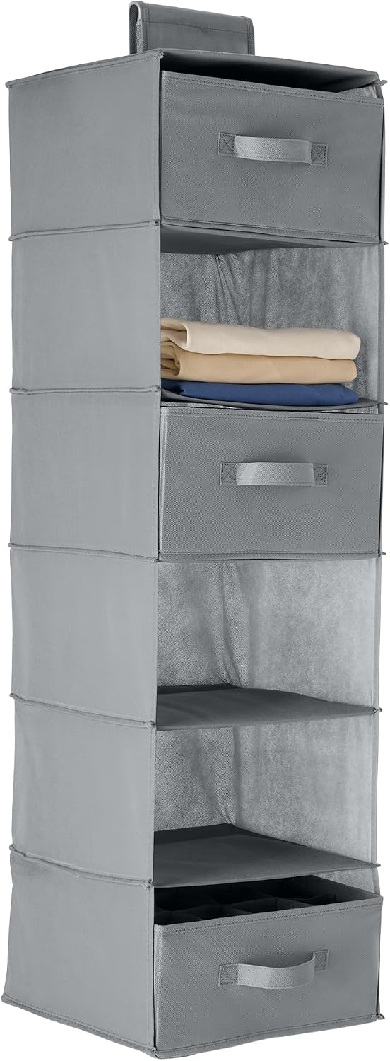 Amazon Basics 6-Tier Hanging Closet Shelf Organizer with Pockets, Clothes Storage for Sweaters and Clothing, 12" W x 9" L x 8.5" H, Grey | Organizer