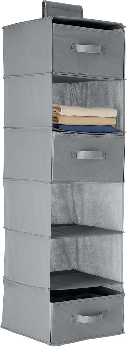 Amazon Basics 6-Tier Hanging Closet Shelf Organizer with Pockets, Clothes Storage for Sweaters and Clothing, 12" W x 9" L x 8.5" H, Grey | Organizer